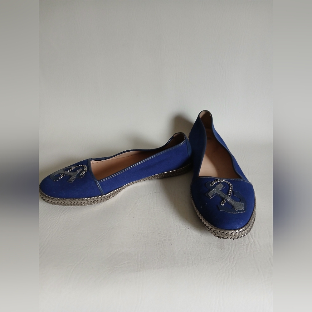 Nurture Canvas & Leather Navy Flats with Nautical Anchor On Front Sz7.5M